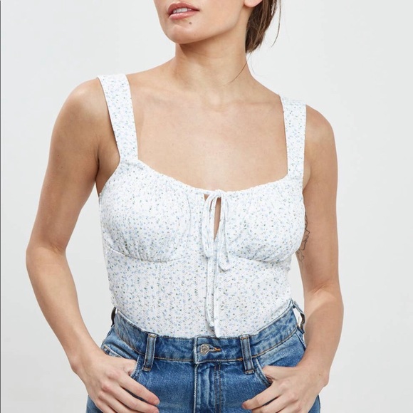 Blue Blush White Floral Bodysuit Front Tie - Picture 1 of 6